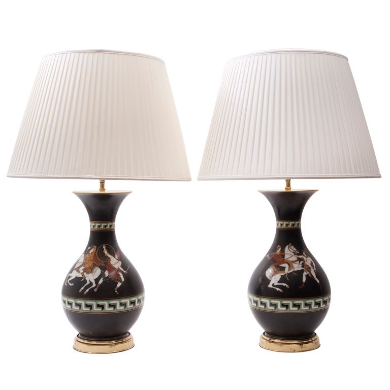 Pair Paris Porcelain Neo Classical Vases Mounted as Lamps