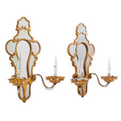 Pair French Bagues Style Giltwood and Mirrored Wall Sconces