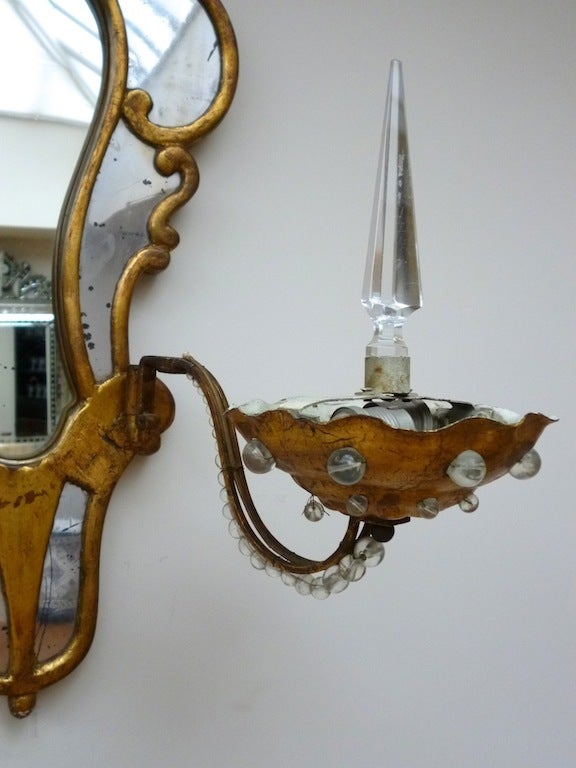 Pair French Bagues Style Giltwood and Mirrored Wall Sconces