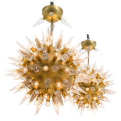 Pair Murano Gilt Metal and Glass Spike Sputnik Chandeliers