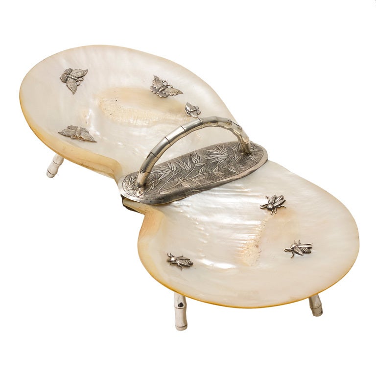Chinese Silver & Mother of Pearl Serving "Butterfly" Dish