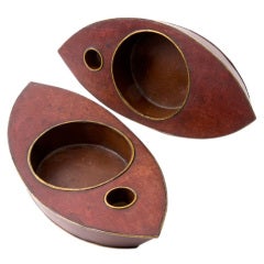 Pair Regency Brass Edged Leather Boat Shaped Coasters.