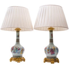 Pair Chinese Famille Rose Porcelain Gourd Vases/Lamps