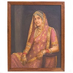 Painted Oil on Board Portrait of the Queen of Bikaner, Early 20th Century