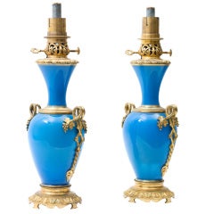 Pair French Louis Phillipe Blue Opaline & Ormolu Oil Lamps