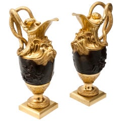 Pair French Napoleon III Bronze and Ormolu Ewers - after Clodion