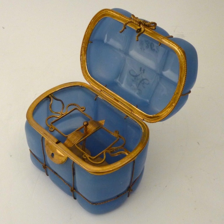Bohemian Blue Glass and Ormolu Casket with Scent Bottles In Good Condition In London, GB