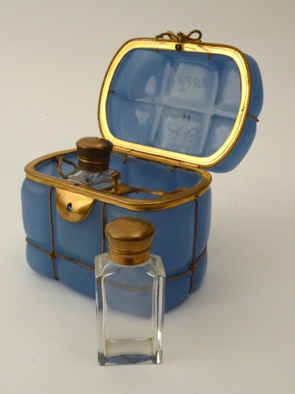 19th Century Bohemian Blue Glass and Ormolu Casket with Scent Bottles