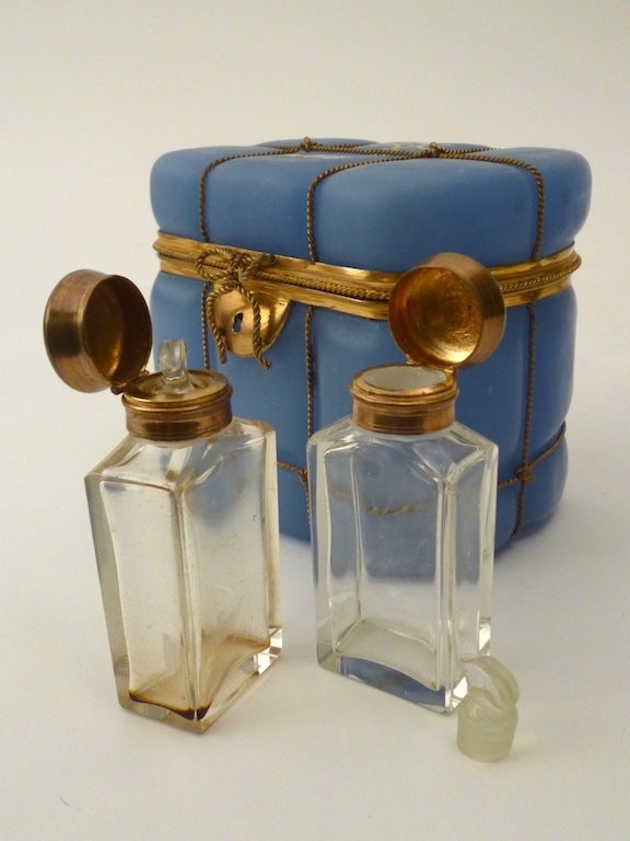 Bohemian Blue Glass and Ormolu Casket with Scent Bottles 1