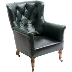 Elegant Green Leather Victorian Bergere Armchair c.1850
