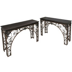 Pair English Wrought Iron Console Tables with Relief Embossed Bronze Tops c.1950