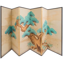 Large Six Fold Japanese Paper Screen Early 20thC