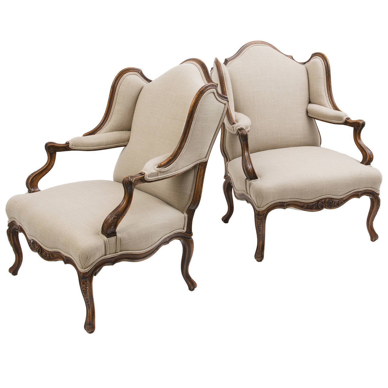 Pair of Large French Provincial Regence Style Carved Beech Wing Armchairs c.1870 For Sale