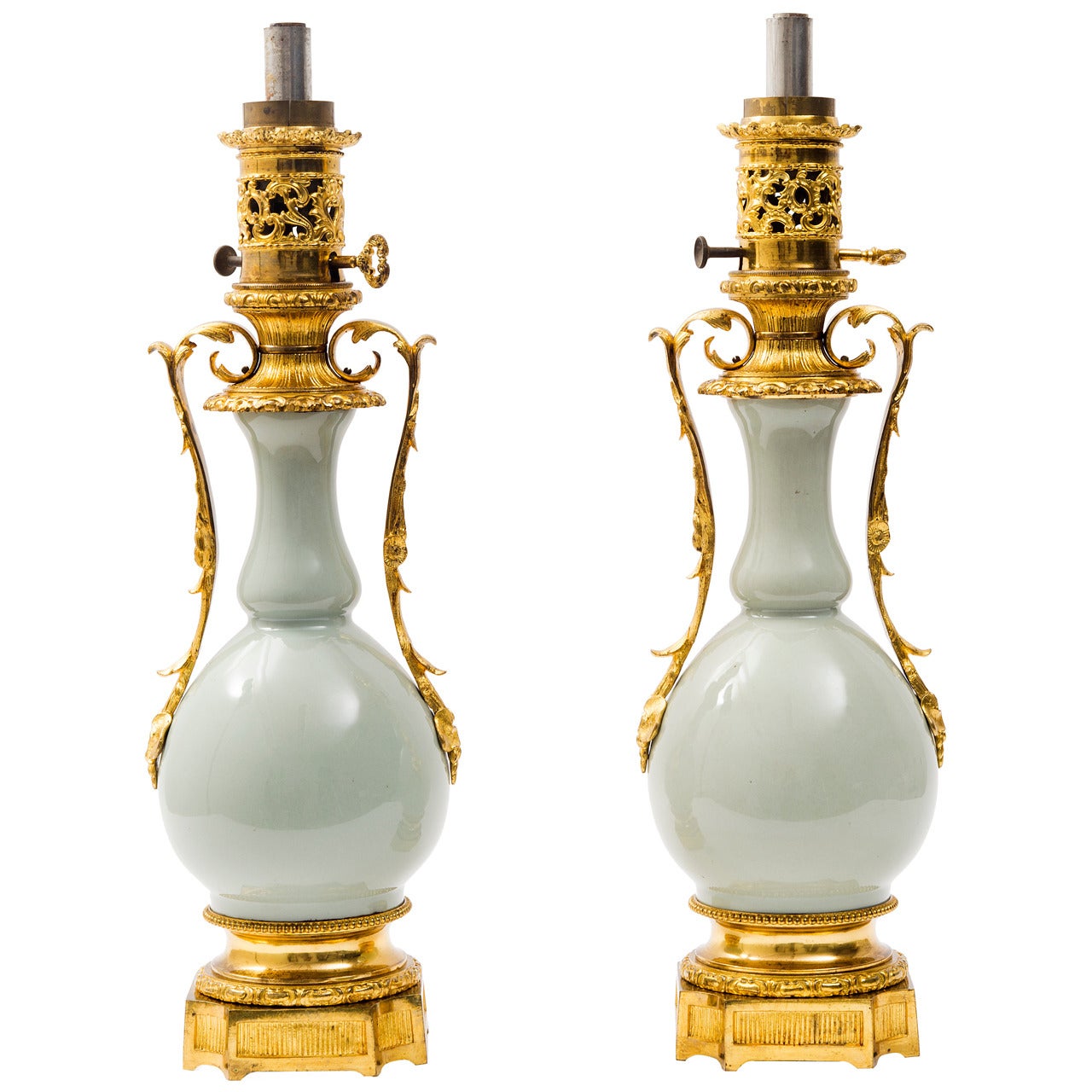 Pair of French Gilt Bronze and Celadon Porcelain Double Gourd Lamps, circa 1900
