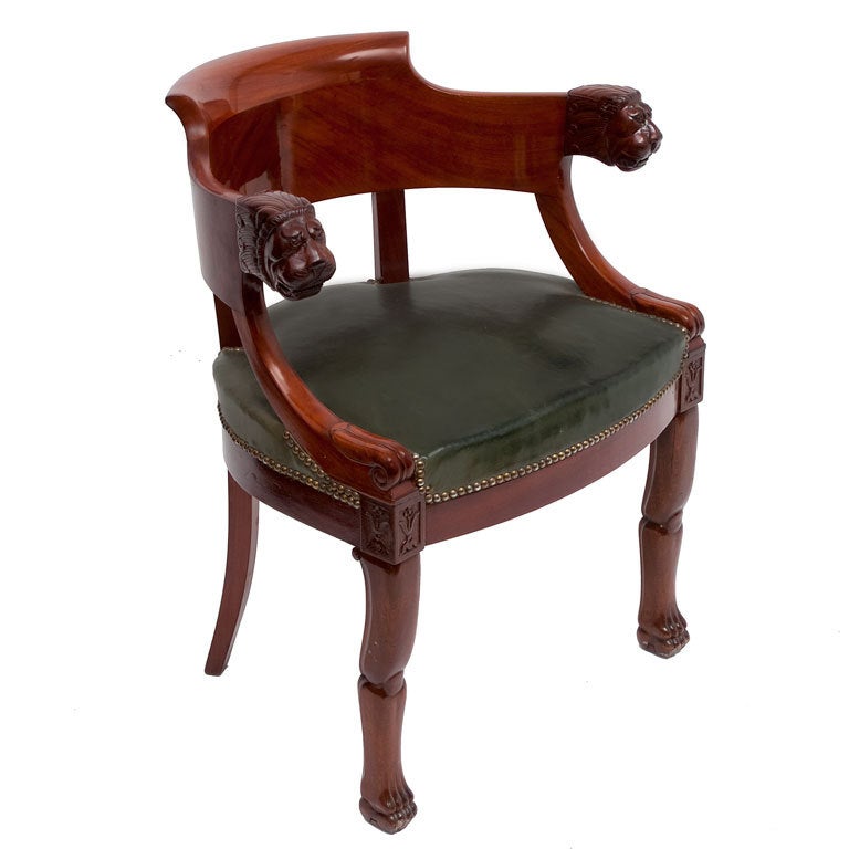 French Mahogany Tub Shaped Desk Chair With Lions Head Armrests