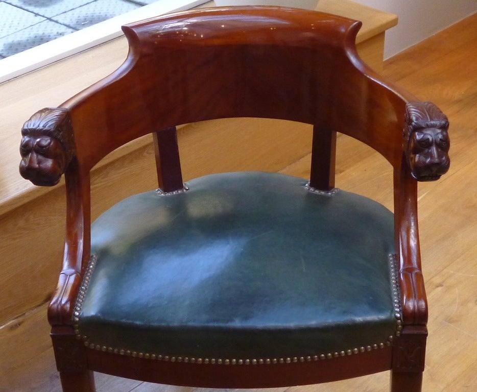 French Mahogany Tub Shaped Desk Chair With Lions Head Armrests 7