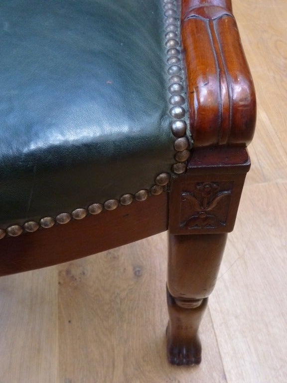 19th Century French Mahogany Tub Shaped Desk Chair With Lions Head Armrests