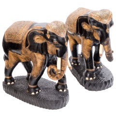 Pair of Large Indian Carved Wood Caparisoned Elephants