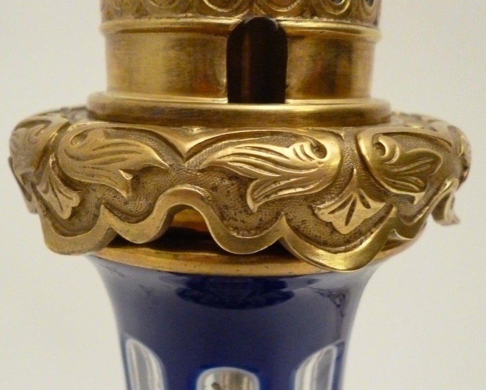 19th Century Pair of Bohemian Blue Glass Lamps with Chinese Style Mounts