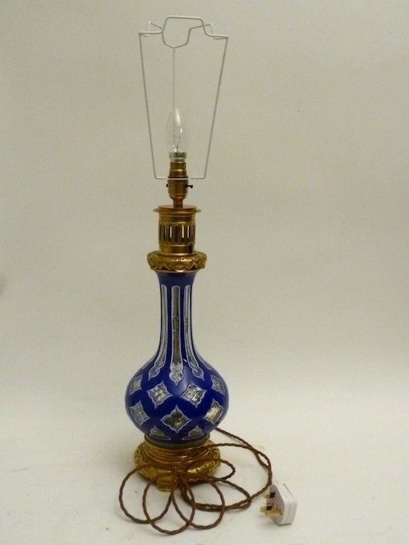 Pair of Bohemian Blue Glass Lamps with Chinese Style Mounts 2