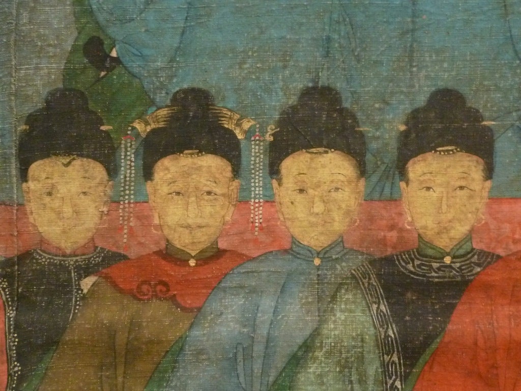 Pair of Chinese Antique Ancestor Portrait Scroll Paintings on Linen Cloth. Richly coloured with the male ancestors on one painting and the females on the other. The ancestors are arranged in ranks with the contemporary family members in the front