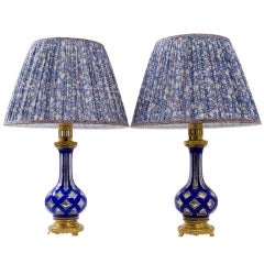 Antique Pair of Bohemian Blue Glass Lamps with Chinese Style Mounts
