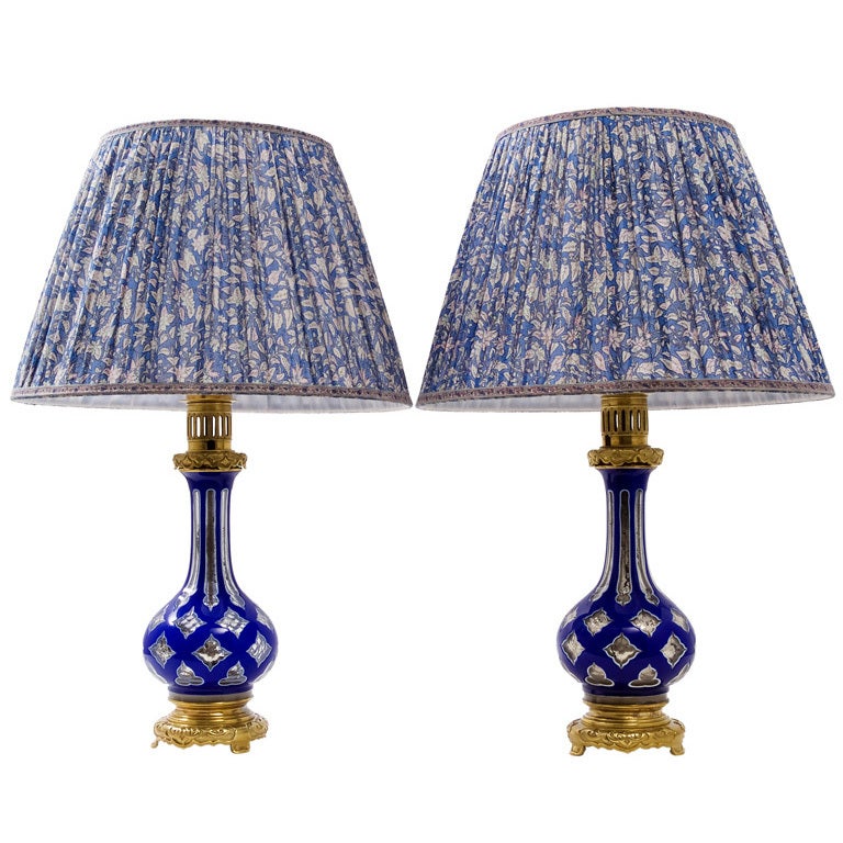 Pair of Bohemian Blue Glass Lamps with Chinese Style Mounts