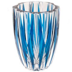 French Blue and clear cut crystal vase, signed by St. Louis