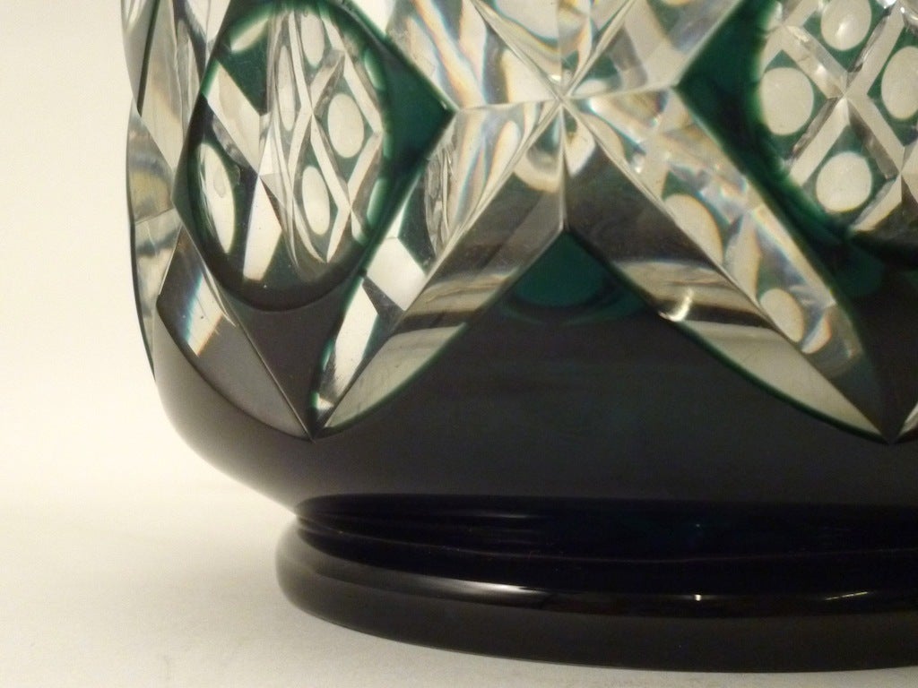 Belgian Large Art Deco Green and Clear Glass Vase by Val St Lambert