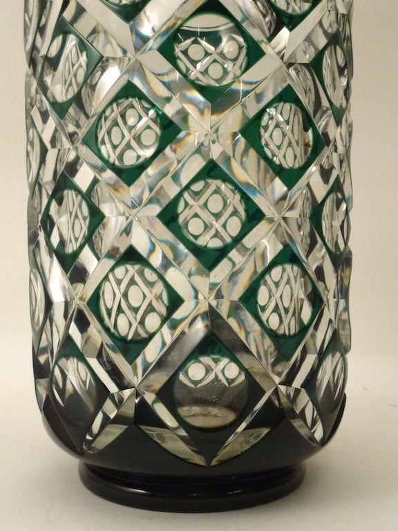 Mid-20th Century Large Art Deco Green and Clear Glass Vase by Val St Lambert