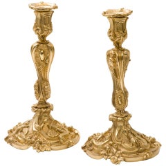 Pair of English Gilt Bronze Rococo Style Candlesticks