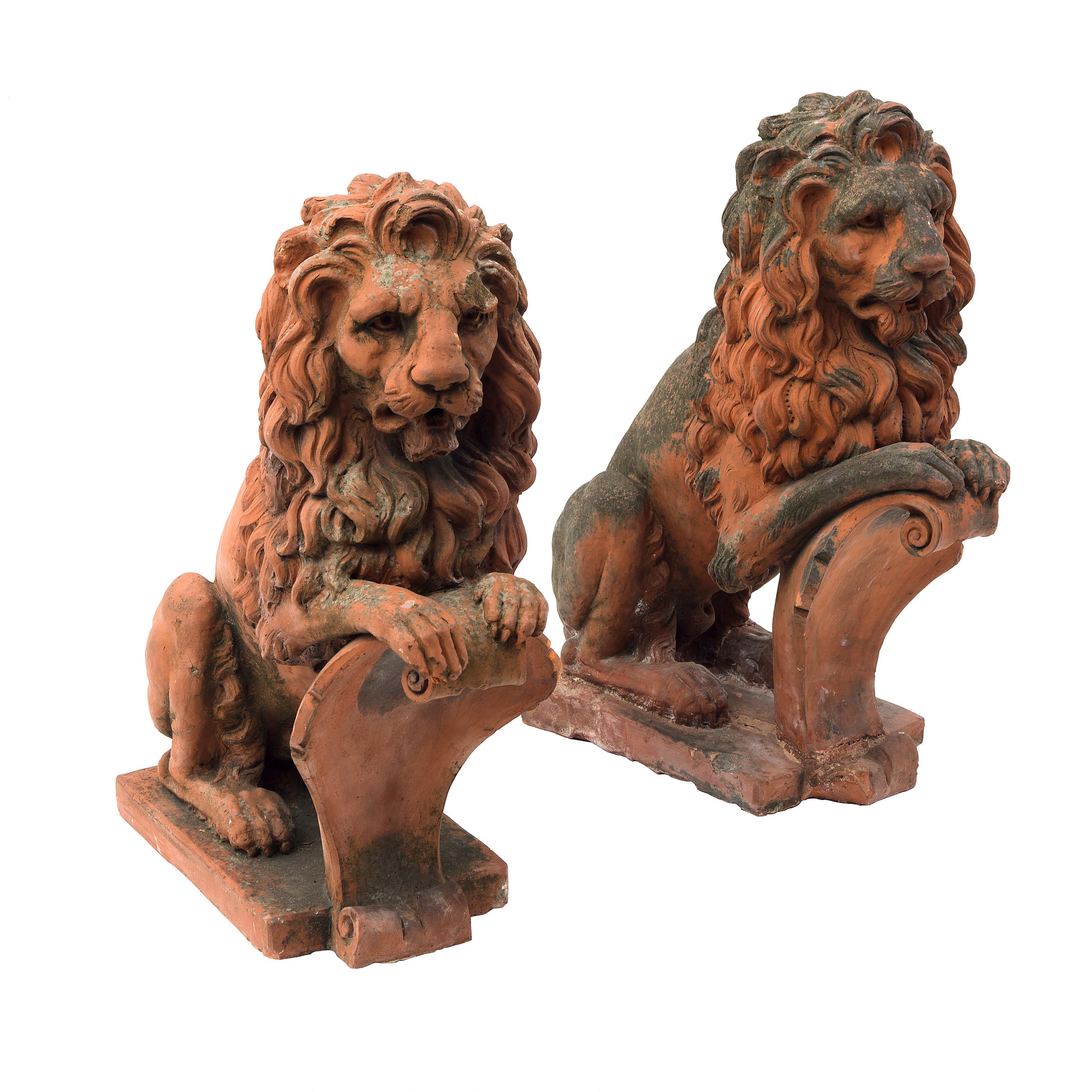 Pair of French Terracotta "Lions Sejant-Rampant" ca. 1850 For Sale