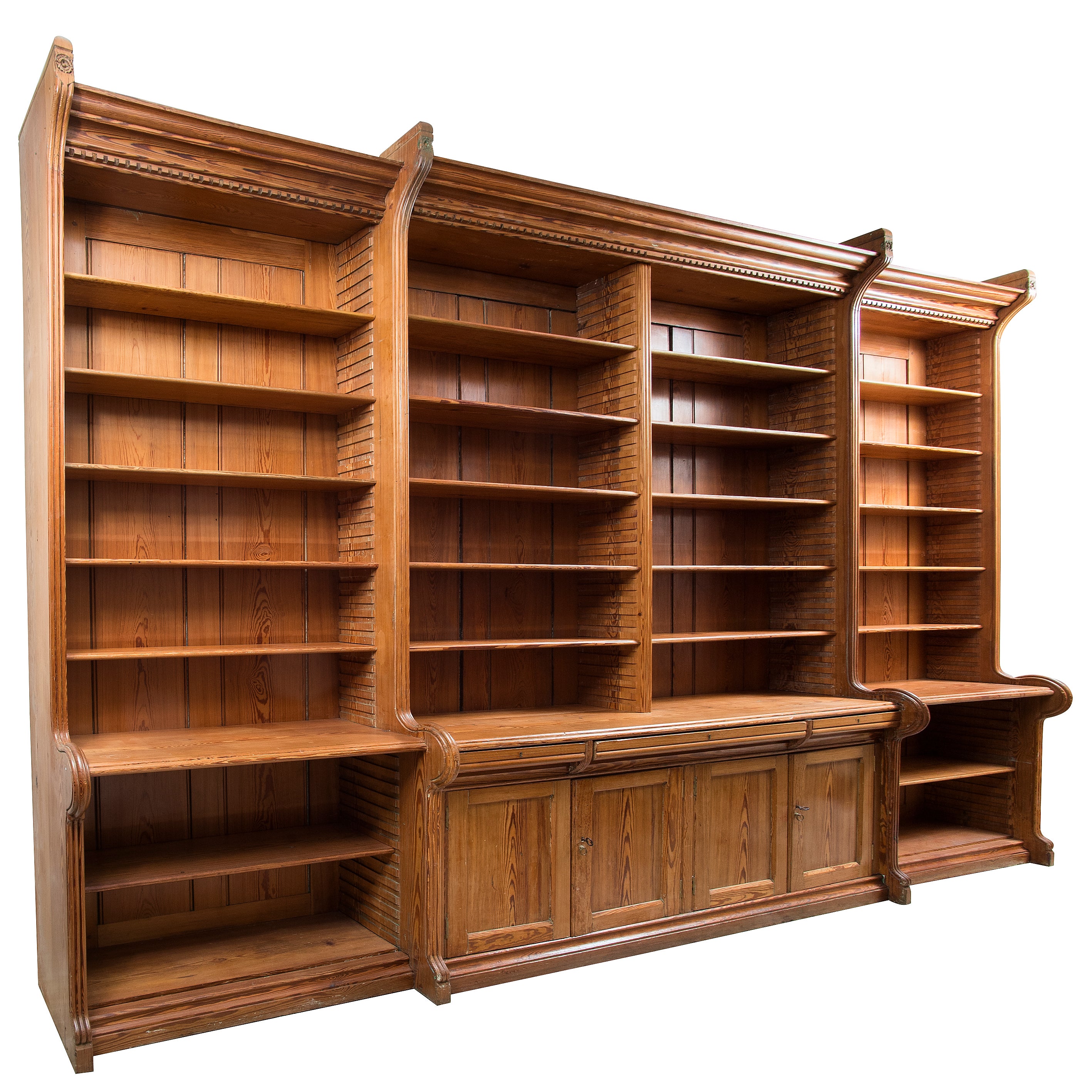 Imposing Victorian Pitch Pine Breakfront Bookcase c.1850