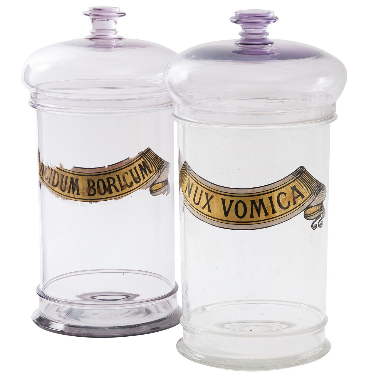 Pair of Large French Lavender Tinted Glass Pharmacy Jars and Covers, circa 1860