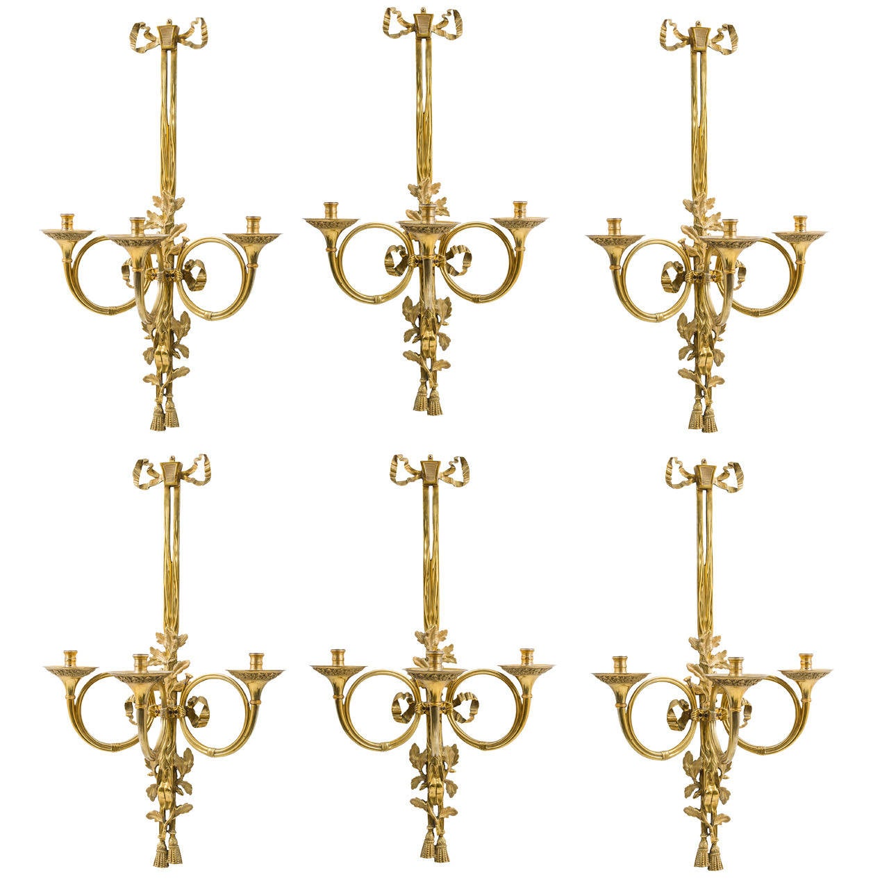 Set of Six French Gilt Bronze, Three-Light Wall Sconces, circa 1910 at 1stdibs
