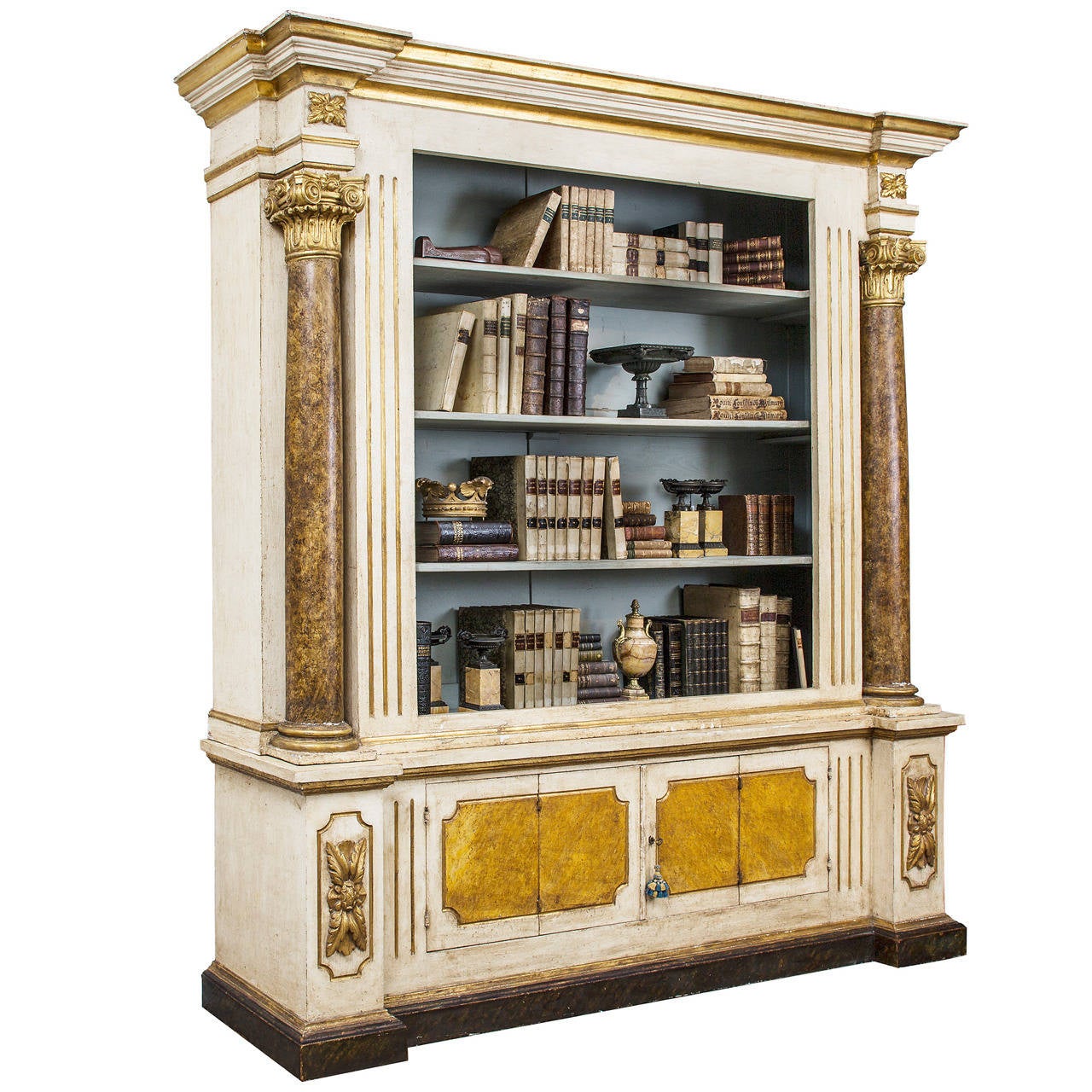 Baroque Italian Painted and Gilded Bookcase with Corinthian Columns at