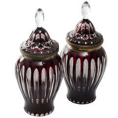 Pair Italian Ruby Flashed Glass Vases with Silver Collars c.1910