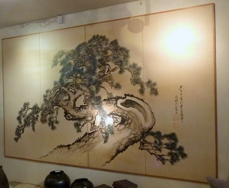 Large Japanese Paper Four Fold Screen With Gnarled Pine Tree, Early 20thC.