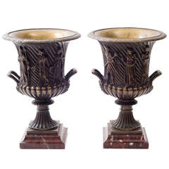 Pair of French Borghese Bronze Urns on Griotte Uni Marble Bases c.1890