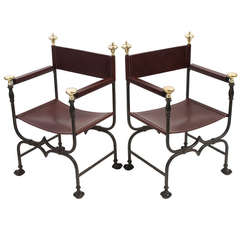 Antique Pair of Italian Iron & Brass X Frame ‘Savonarola’ Hall Chairs c.1900