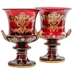 Pair of Large English Victorian Gilt Glass Campana Shaped Urns, circa 1860
