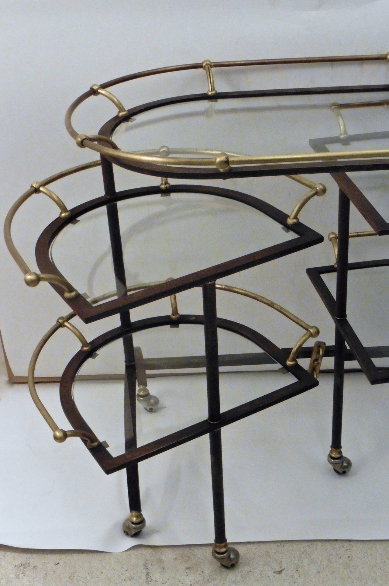 British English Brass and Steel Drinks Trolley with Swiveling Shelves, circa 1950
