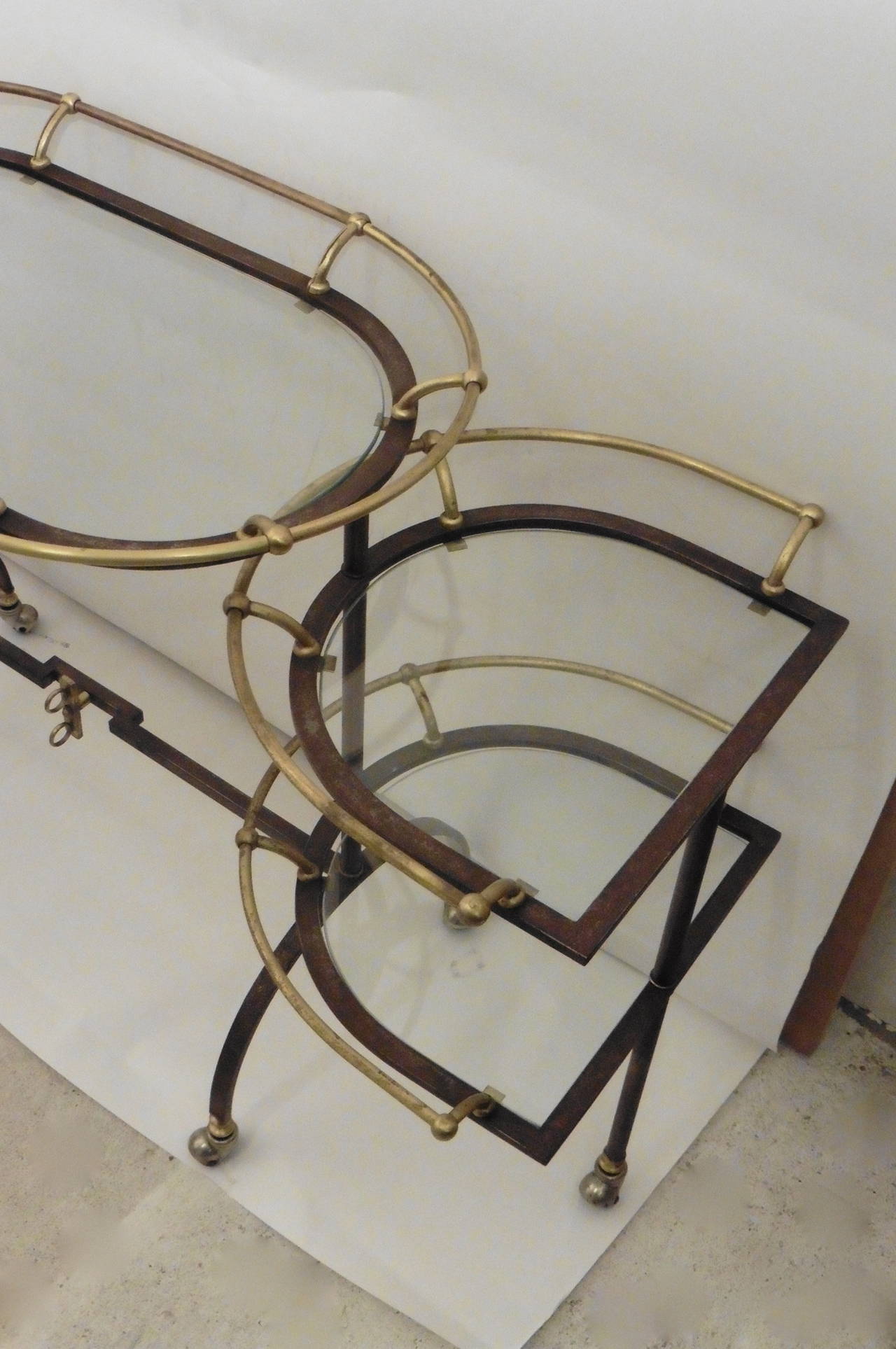 English Brass and Steel Drinks Trolley with Swiveling Shelves, circa 1950 2