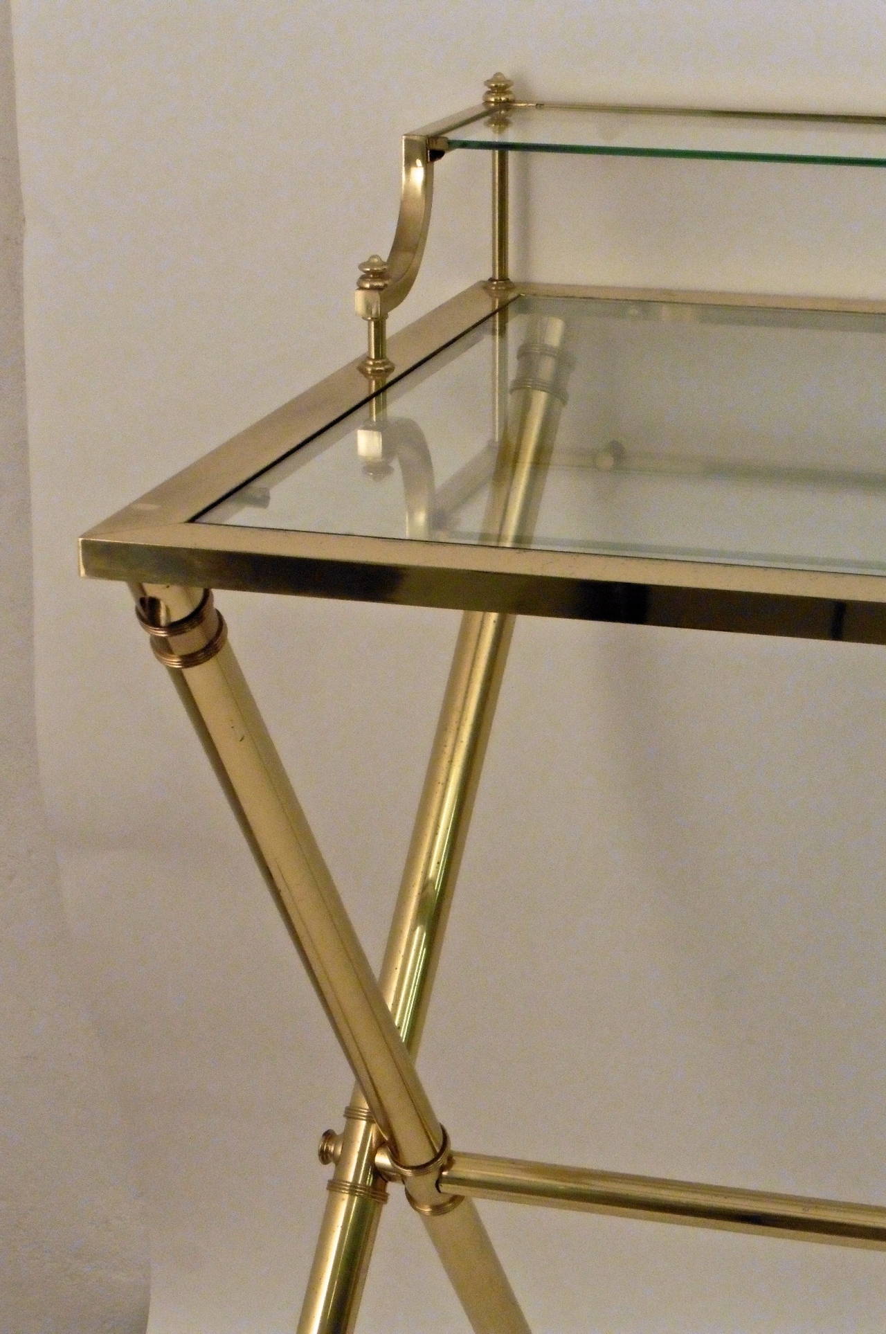 English Brass and Glass X-Frame Writing Table, circa 1970 In Good Condition In London, GB