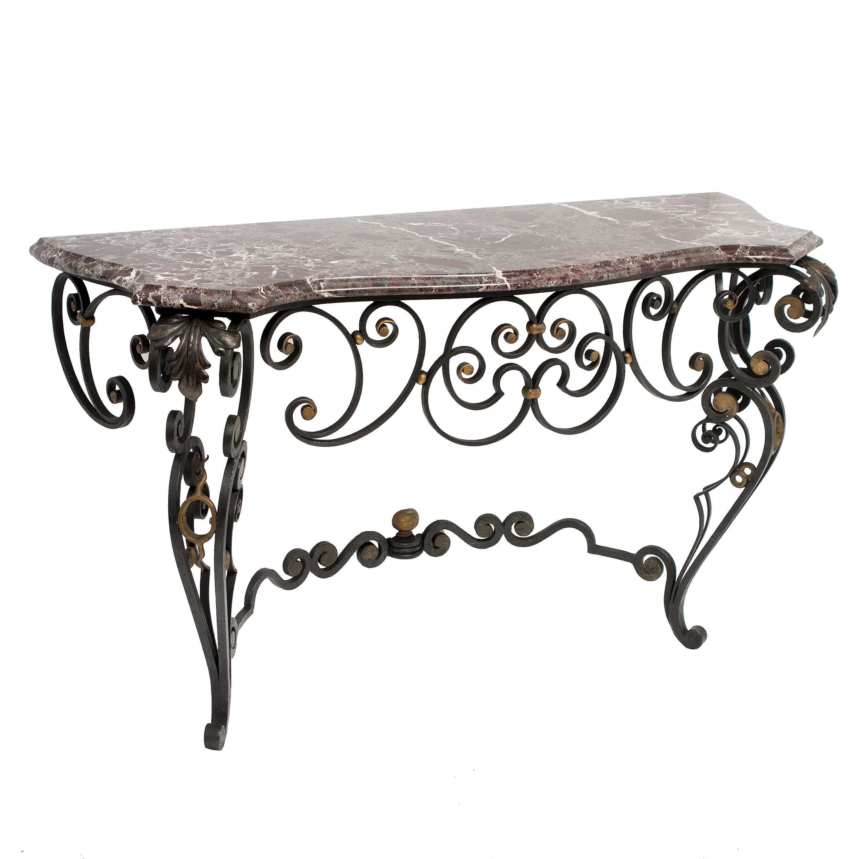 French Louis XV Style Wrought Iron Console Table with Marble Top Circa1930
