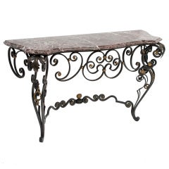 French Louis XV Style Wrought Iron Console Table with Marble Top Circa1930