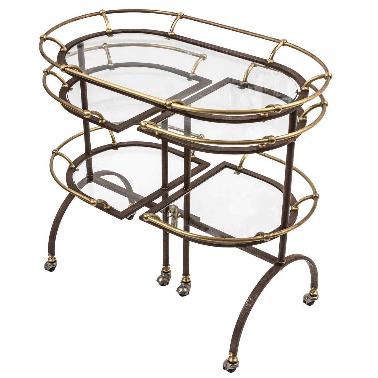 English Brass and Steel Drinks Trolley with Swiveling Shelves, circa 1950