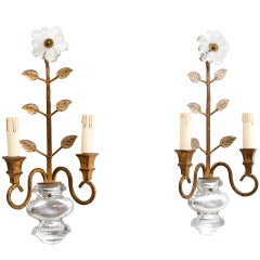 Pair French Bagues Gilt Metal 
Glass Wall Lights c1940