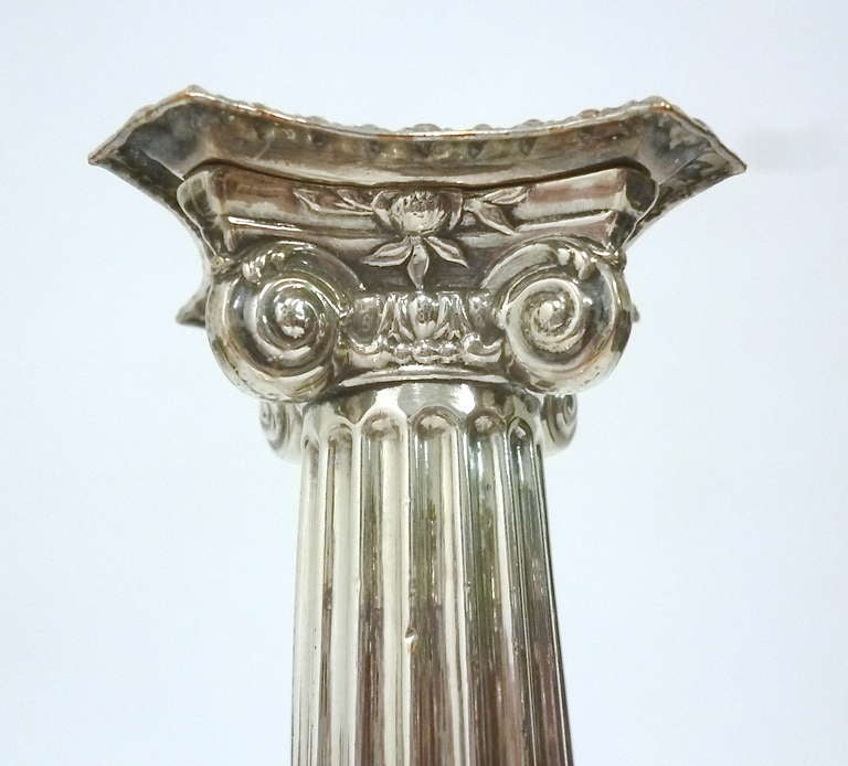 Set Four Silver Plate Corinthian Column Candlesticks, English ca. 1790 In Good Condition In London, GB