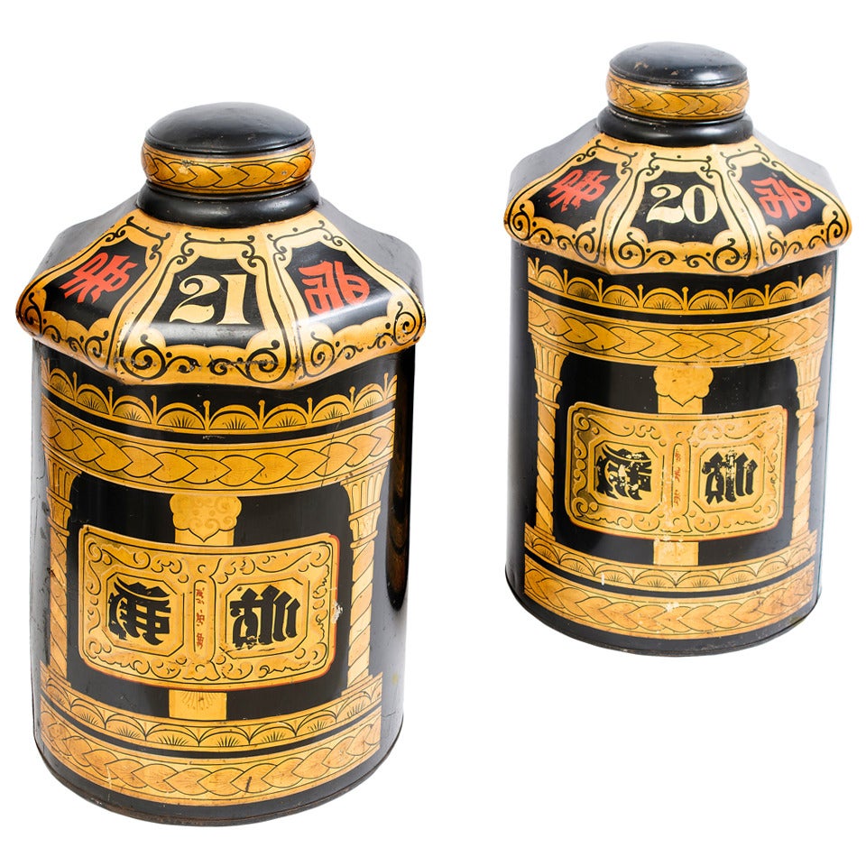 Extremely Rare Pair of Colossal Tole Tea Tins and Covers, English circa 1860